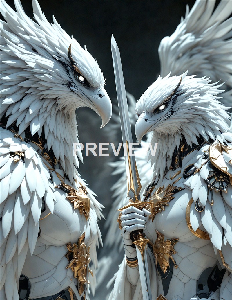 Two majestic, humanoid bird warriors with white feathered armor, piercing eyes, and ornate gold accents, facing each other with one holding a sword.